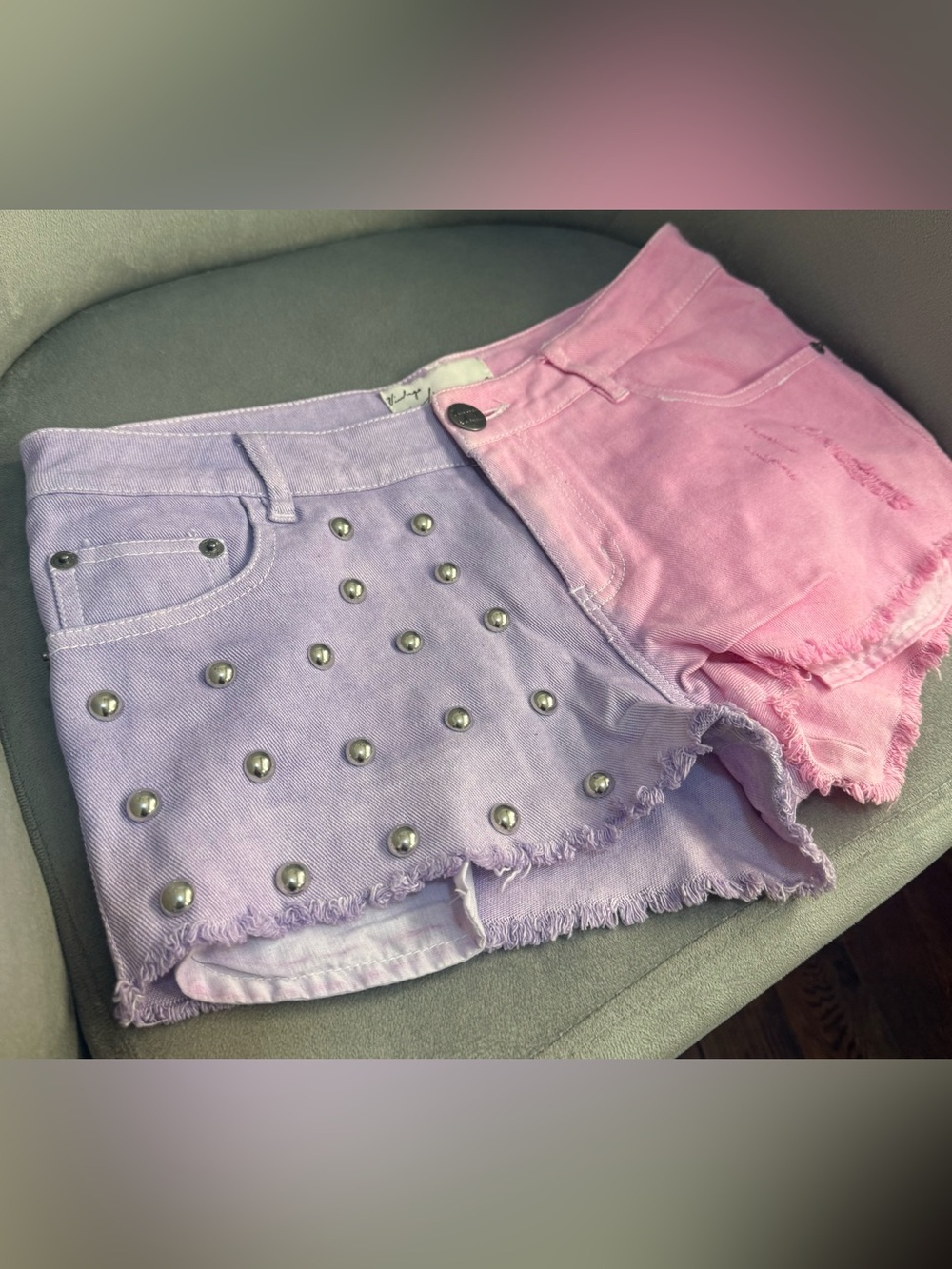 Vintage Havana Two-Tone Pink & Lavender Studded Denim Shorts